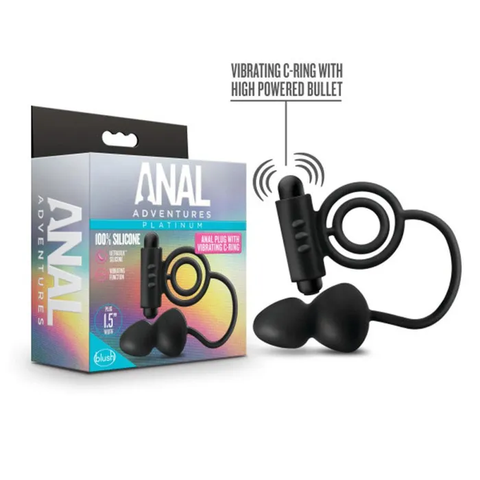 Anal Adventures - Platinum - Silicone Anal Plug With Vibrating C-Ring - Black | Blush Novelties Male Sex Toys