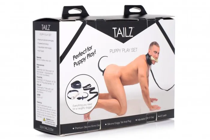 Anal | XR Brands Tailz Puppy Play Set Silicone Bone Gag Tail Anal Plug & Collar