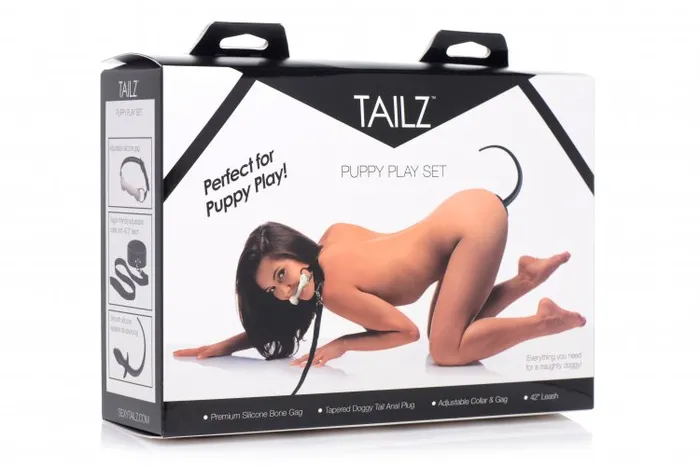 Anal | XR Brands Tailz Puppy Play Set Silicone Bone Gag Tail Anal Plug & Collar