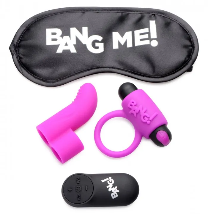 Bang! Couple's Love Ring Finger Vibrator Bullet & Blindfold Kit in Purple | XR Brands Vibrators