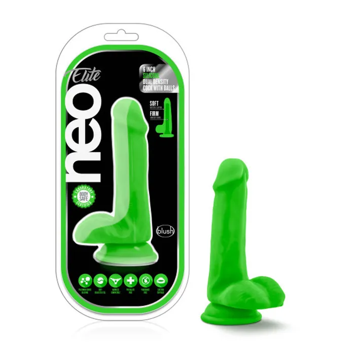 Blush Novelties Dildos Neo Elite 6in Silicone Dual Density Cock W Balls Neon