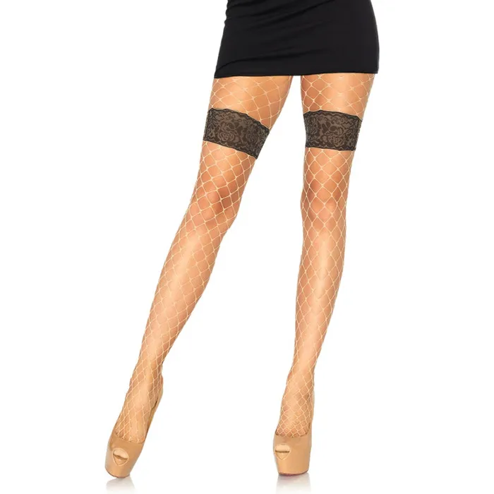 Diamond Net Tights With Faux Thigh Garter and Floral Waistband One Size Nude Leg Avenue Male Sex Toys