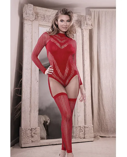 Fantasy Lingerie Sheer Infatuation Long Sleeve Teddy Wattached Footless Stockings Red Os Vibrators