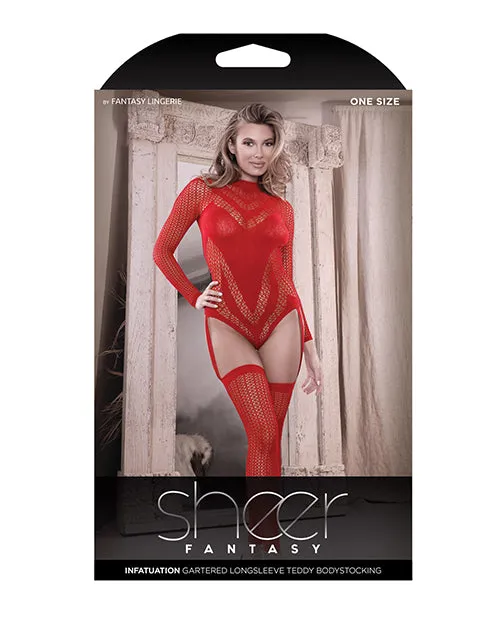 Fantasy Lingerie Sheer Infatuation Long Sleeve Teddy W/attached Footless Stockings Red O/s | Vibrators