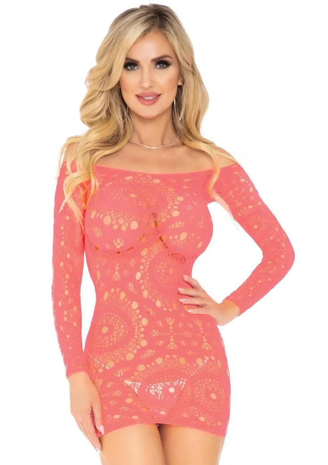 Male Sex Toys Leg Avenue Crochet Lace Long Sleeve Mini Dress Coral One Size