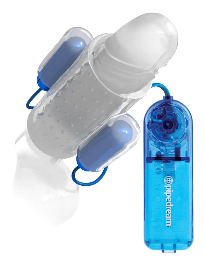 Pipedream Dual Vibrating Penis Sleeve Blue and Clear Male Sex Toys