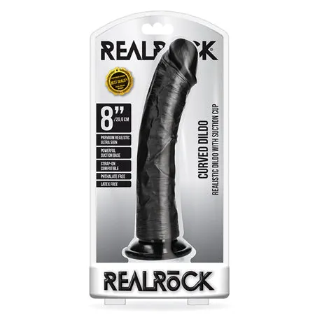 RealRock Realistic 8 in Curved Dildo With Suction Cup Black Shots America Female Sex Toys