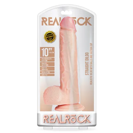 Shots America Female Sex Toys RealRock Realistic 10 in Straight Dildo With Balls and Suction Cup Beige