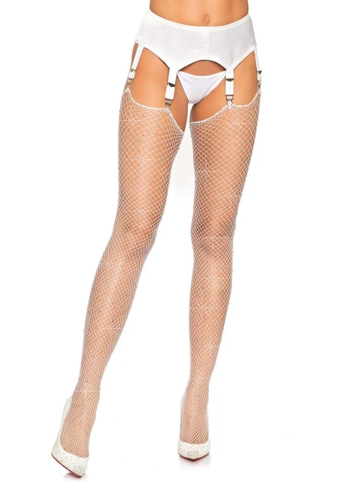 Teddies And Bodies Leg Avenue Rhinestone Fishnet Stockings One Size White