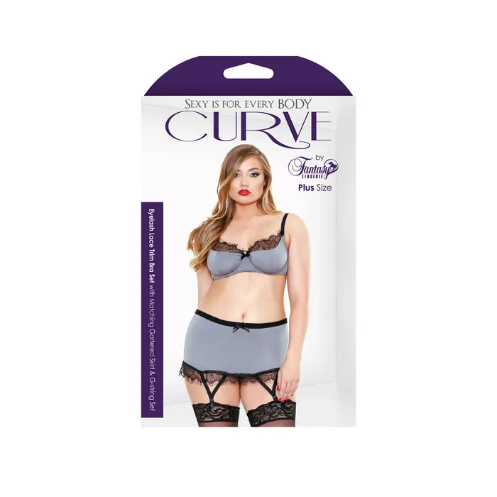 Fantasy Lingerie Vibrators Curve Eyelash Trim Bra Skirt Gstring Grey 1X2X