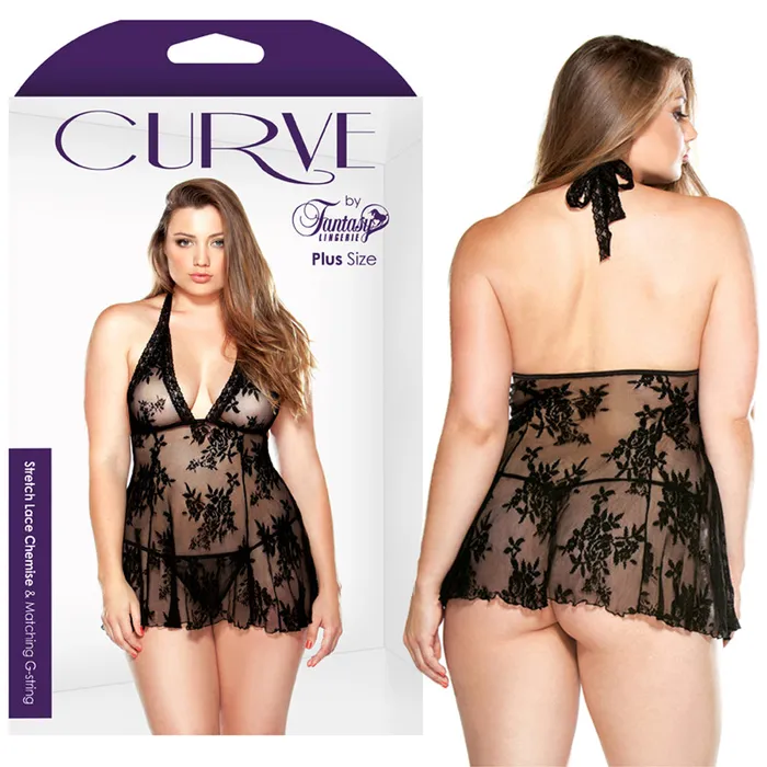 Fantasy Lingerie Vibrators Curve Stretch Lace Chemise Gstring Black 3X4X