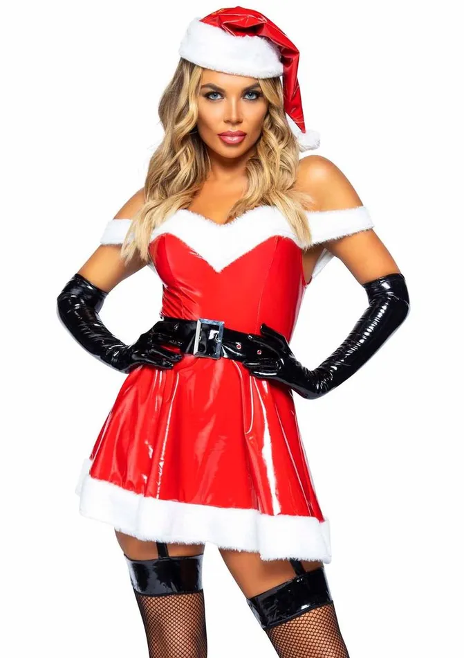 Female Sex Toys Leg Avenue Naughty Santa Off The Shoulder Vinyl Dress with Tie Back Halter Straps Belt and Santa Hat Leg Avenue