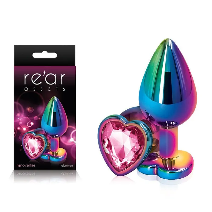 NS Novelties Anal Rear Assets Multi Coloured Heart Medium Pink Metal Butt Plug with Heart Gem Base