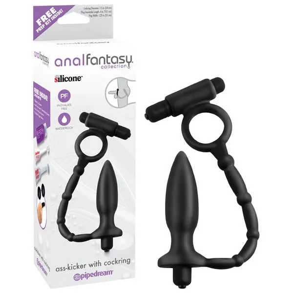 Pipedream Anal Fantasy Collection AssKicker With Cockring Black 101 cm 4 Vibrating Butt Plug with Vibrating Cock Ring Male Sex Toys