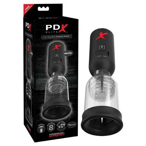 Pipedream Male Sex Toys PDX Elite Tip Teazer Power Pump Black Vibrating Penis Head Pump