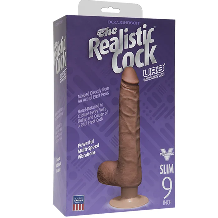 Realistic Cock Vib 9 inch Slim with Balls Brown Doc Johnson Dildos