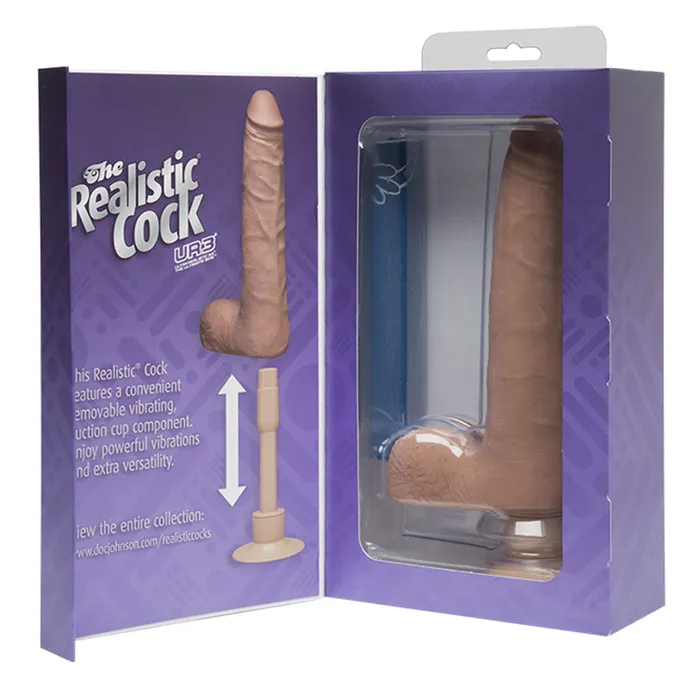 Realistic Cock Vib 9 inch Slim with Balls Brown Doc Johnson Dildos