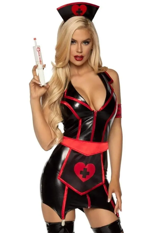 Vibrators Leg Avenue Leg Avenue Naughty Nurse Zip Up Wet Look Garter Dress Heart Apron Arm Band and Head