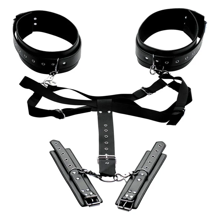 XR Brands Restraints Master Series Acquire Thigh Harness Wrist Cuffs Black Restraints